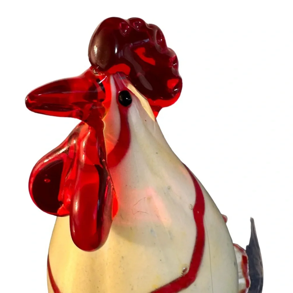 Vintage Murano Style Red White Hand Blown Art Glass Rooster Swirl Stripe 7”x6”